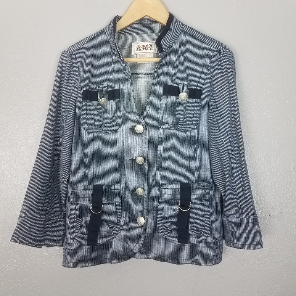 AMI Womens Blue White‎ Striped Jean Denim  4 Strap Pocket Jacket Size Sm EUC